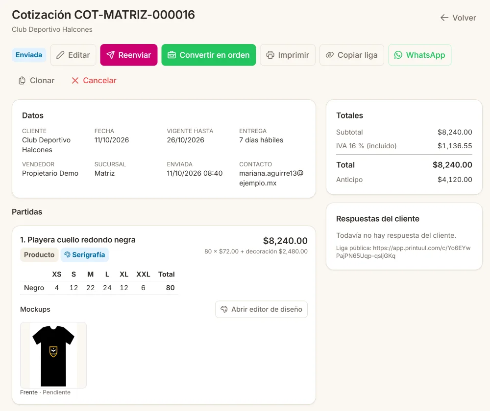 La cotización COT-MATRIZ-000016 para el Club Deportivo Halcones, enviada: vigente hasta el 26 de octubre y con entrega en 7 días hábiles; la partida de 80 playeras cuello redondo negras con su corrida de XS a XXL, a 72 pesos de mayoreo más 2,480 de decoración en serigrafía, el mockup del frente y los totales: 8,240 pesos con IVA incluido y un anticipo de 4,120.